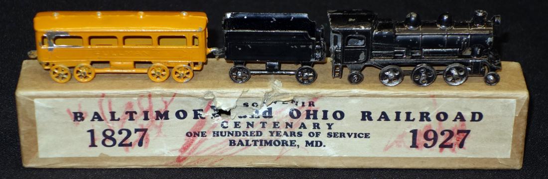 B&O RAILROAD CENTENARY SOUVENIR: Painted metal train, original box; box damaged; L-8", G-VG