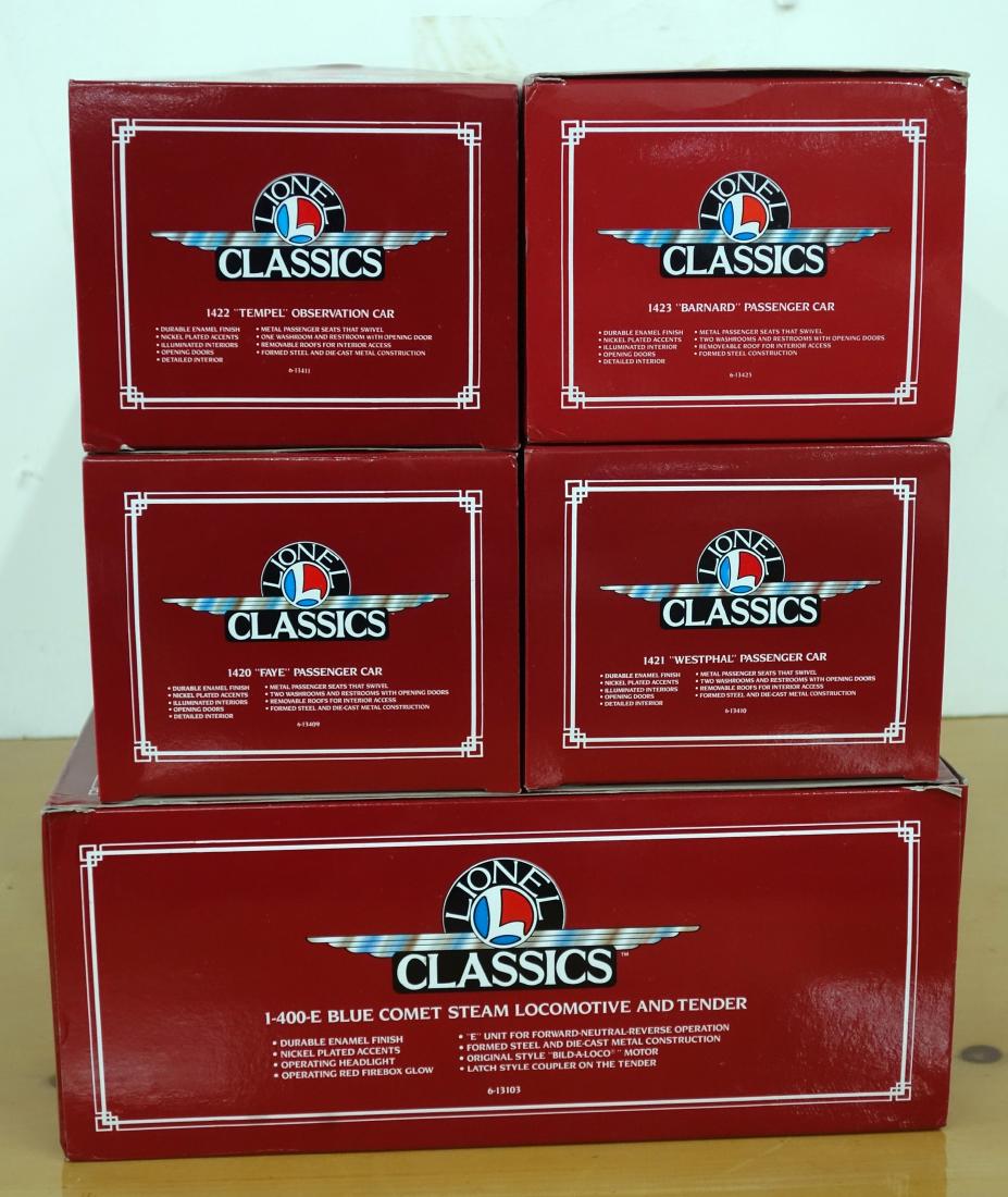 LIONEL CLASSICS TRAIN SET: Reproduction; original boxes, not unpacked; (1) 400 E Blue Comet locomotive and tender, together with (4) cars: Barnard, Westphal, Tempel, Faye; box 24" x 6", NM-M