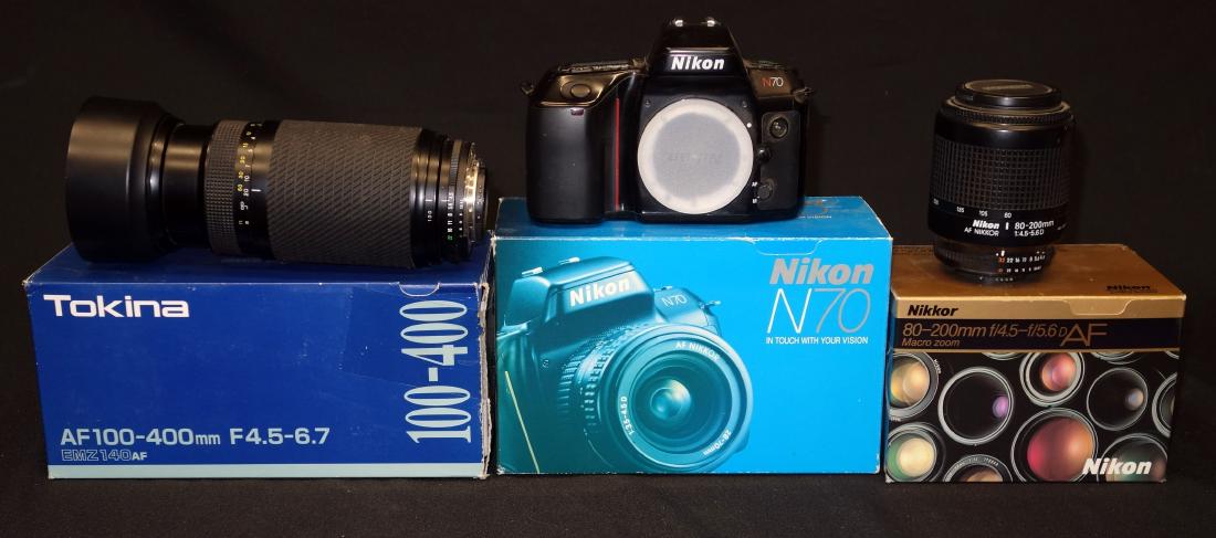 NIKON - NIKKOR - TOKINA (3) PCS.: With boxes; (1) Nikon N70 camera; (1) Nikkor 80-200 mm lens; (1) Tokina 100-400 mm lens; G-VG
