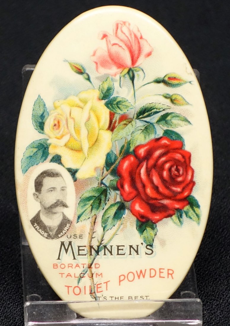 MENNEN'S POCKET MIRROR: Celluloid and litho; "Borated Talcum Toilet Powder"; some mirror wear; minor edge wear; H-2 3/4", VG
