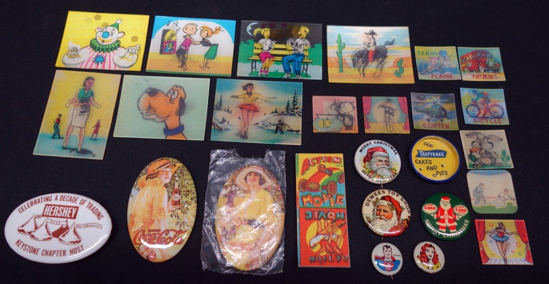 VARI-VUE PICTURES, PINBACKS, ETC. (33): (23) Vari-Vue pictures; (1) flip book; (1) Tasty Cake dexterity puzzle; (5) pinback buttons - Santa, Superman, etc.; (2) New Coke pocketmirrors; L-1"-3"