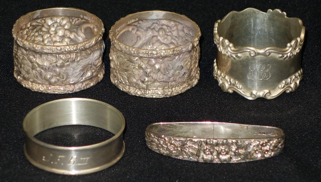 STERLING NAPKIN RINGS (5): Repousse, etc., [3.7 +/- TO]