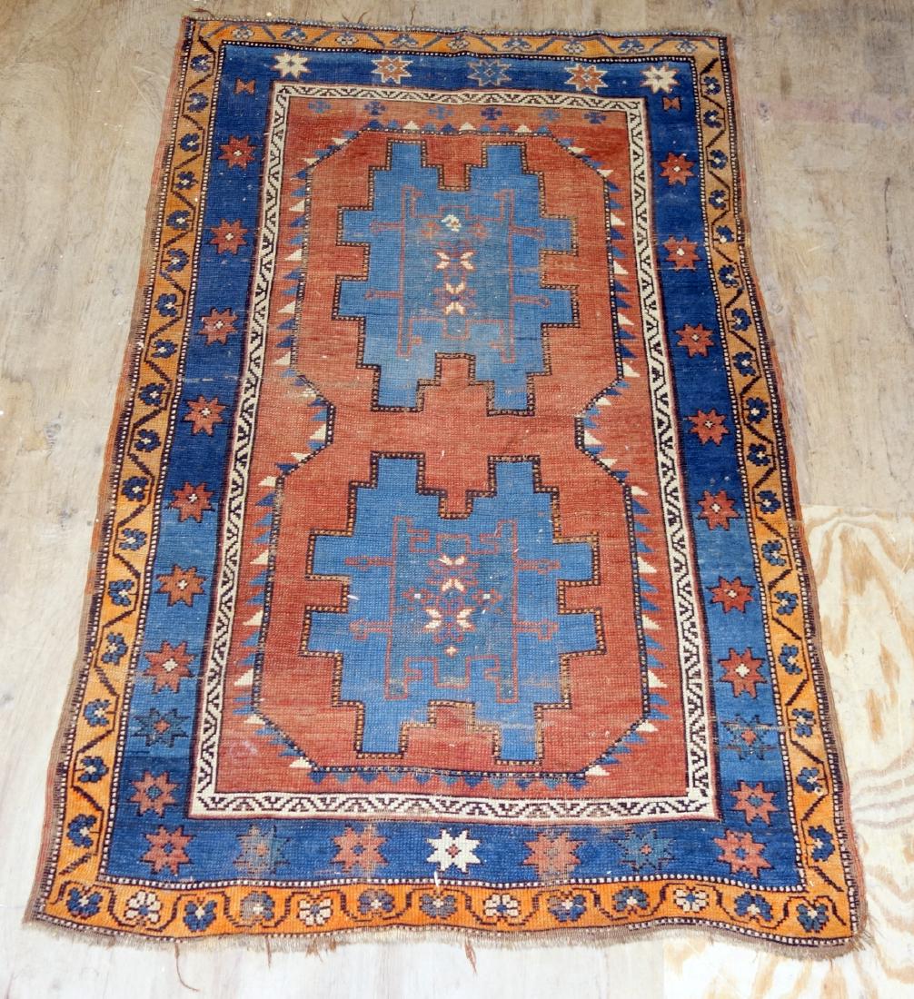 ORIENTAL THROW RUGS (2): Geometric patterns; wear; weft showing; end loss; 72" x 60" and 69" x 42", F-G