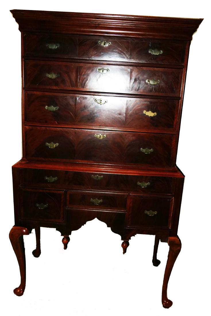 QUEEN ANNE HIGHBOY: Mahogany; old refinish and some repair; normal wear; H-68", W-39", G