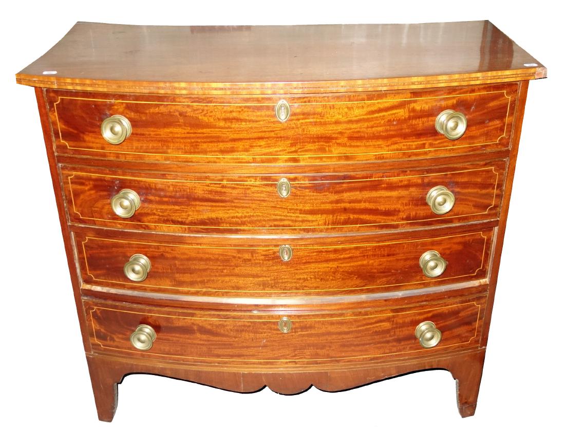 HEPPLEWHITE CHEST OF DRAWERS: Mahogany; swell front; 4-drawers; line inlay; old refinish and repairs; normal wear; H-37", W-41", Depth - 21 1/2", G-VG