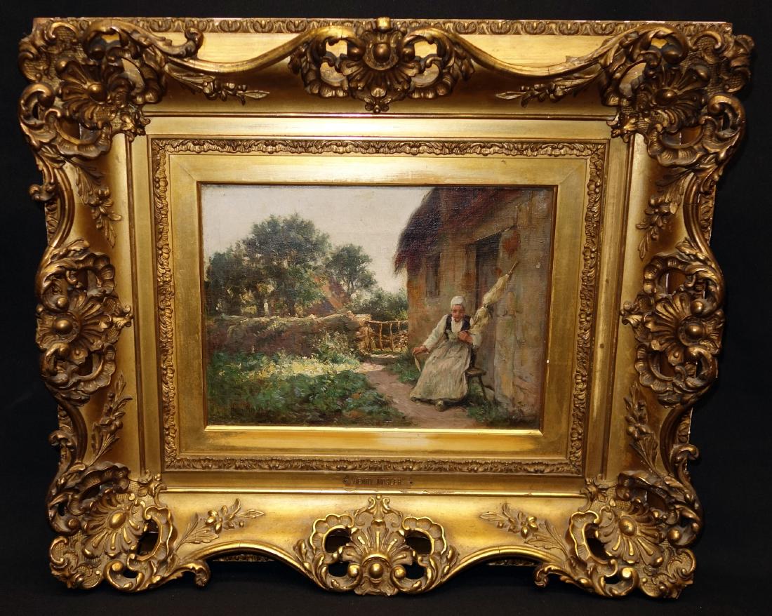 HENRY MOSLER GENRE PAINTING: Oil on canvas; signed lower left; woman working outside of c ottage; ornate gilt frame; 9" x 12", G-VG