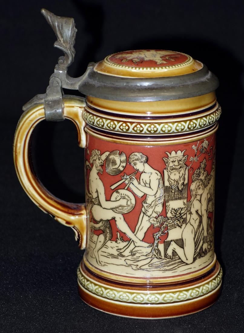 METTLACH STEIN (3/10 L): Incised classical scene and inlaid top; gnome thumb lift; #2035; H- 7"; EX-VG