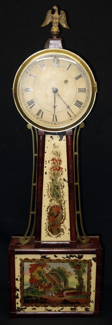 ANTIQUE BANJO CLOCK: Mahogany case; original dial; eglomise neck and lower panel; untested; eglomise flaking; H-33", F-G