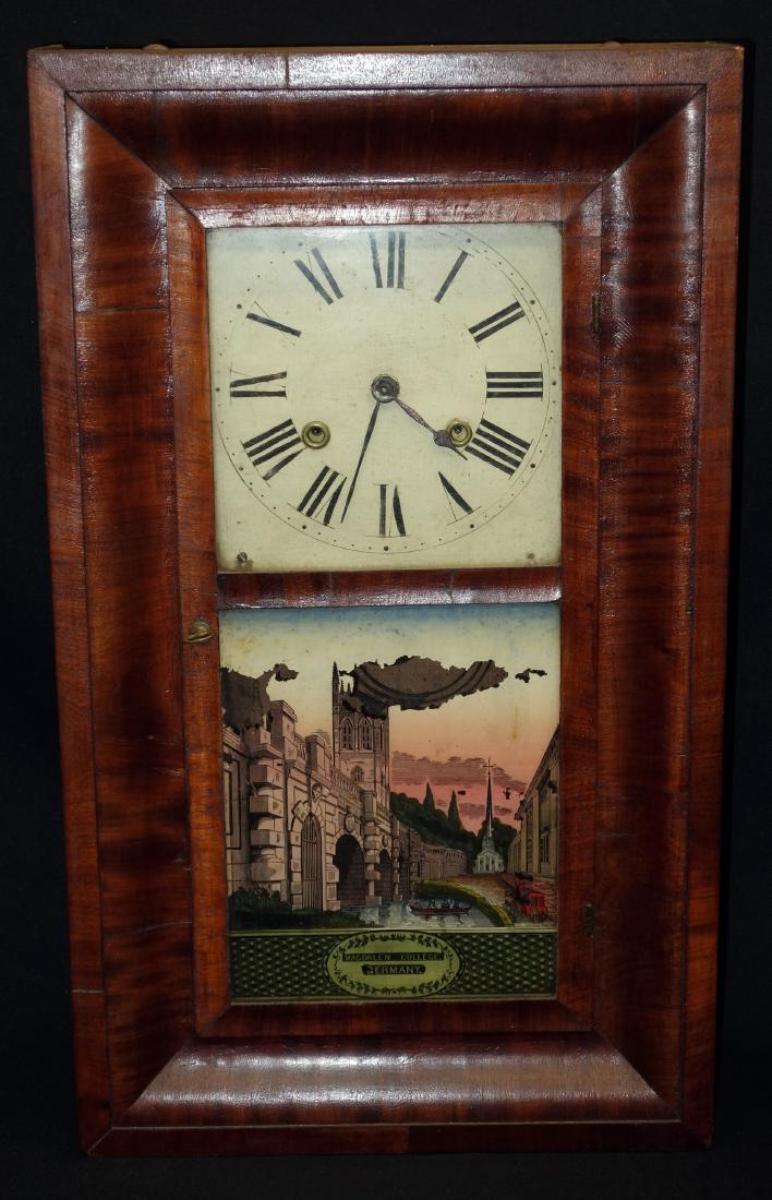 JEROME OGEE CLOCK: Mahogany veneer case; eglomise panel "Magdalen College Germany", original face; flaking; wear; H-25 1/2", F