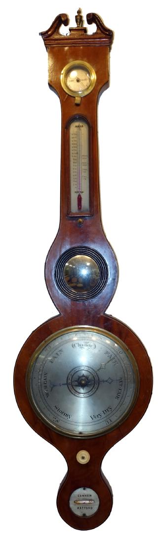 ENGLISH BANJO BAROMETER: "Canham-Watford"; mahogany; 8" dial; intact; repair on broken arch; H-38", G-VG