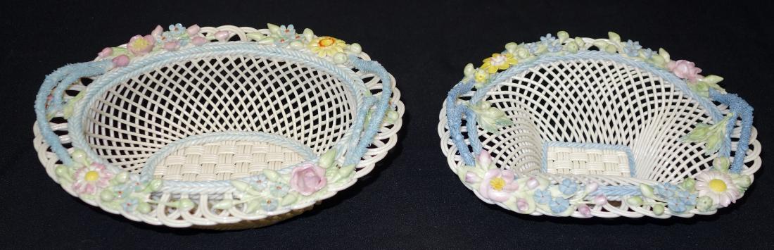 BELLEEK BASKETS (2): Oval; (1) largest oval 13th mark; (1) Henshall - square base; 8th mark; L-7 1/2" - 9", G-VG