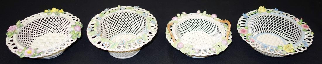 BELLEEK BASKETS (4): Round; 8th mark, 13th mark, etc.; Dia.-6", G-VG