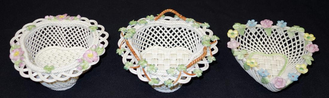 BELLEEK BASKETS (3): (1) heart; (1) Irish Rose - 8th mark; (1) St. Patricks, 8th mark; Dia.-5", G-VG