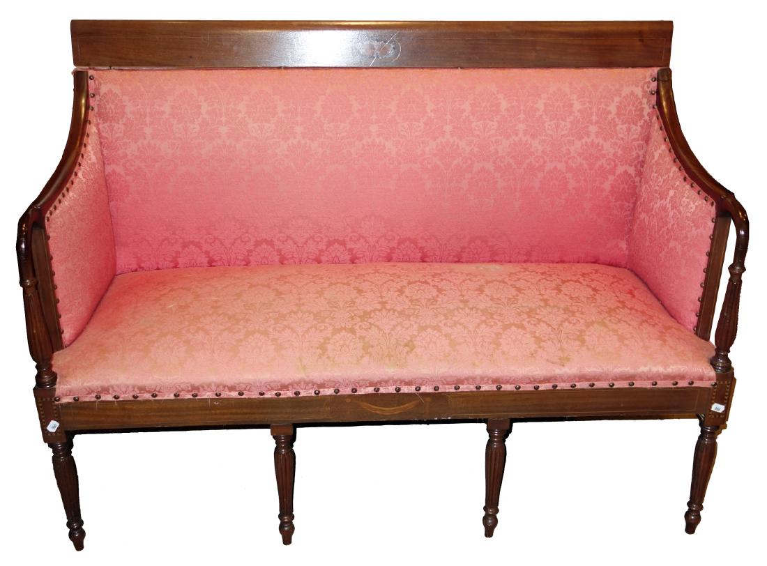 SHERATON STYLE SETTEE: Turned and reeded arms and legs; normal wear; H-36", L-54", G