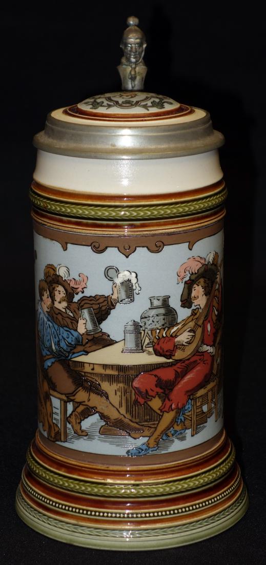 METTLACH MUSICAL STEIN: Etched tavern scene with inlay lid and jester; thumb lift; #2231; .5l; plays (2) tunes (1) is My Country Tis of Thee; H- 9 1/2";EX-VG