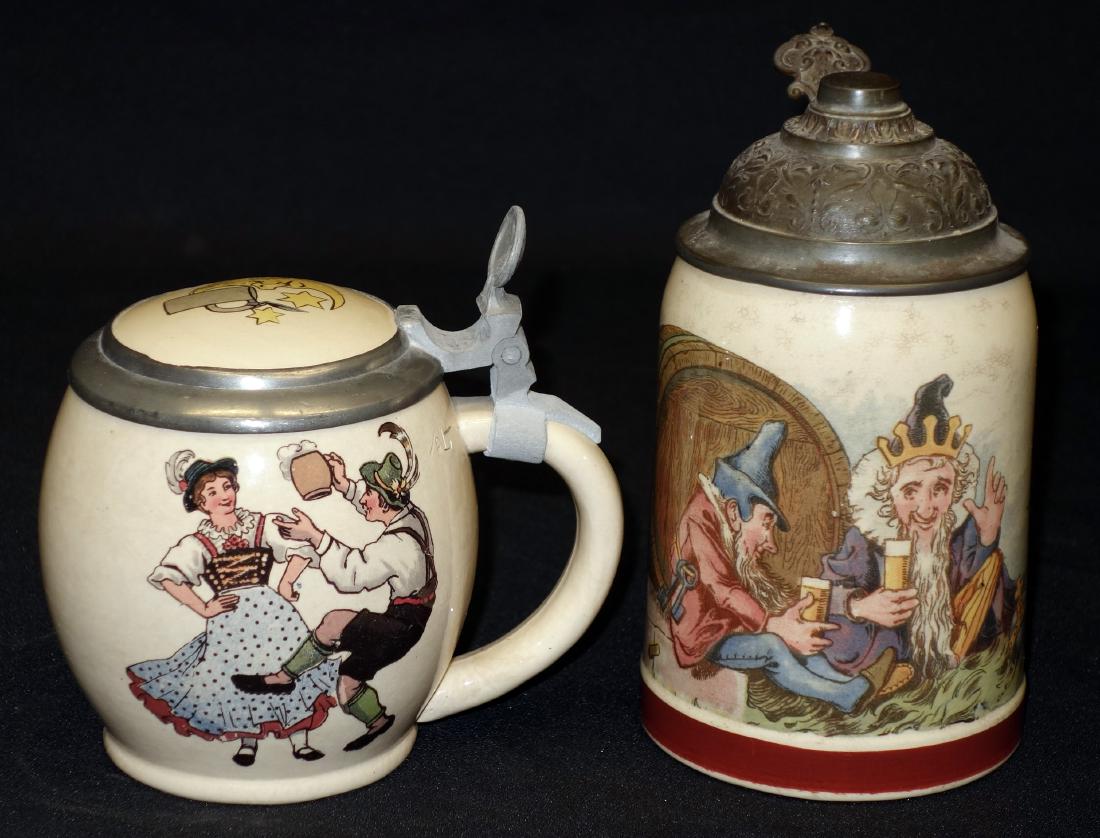 METTLACH STEINS: (2) with enamel decoration; (1) king and cask; pewter lid; #1909; crazing and some discoloration; (1) hanzel and grettle; inlaid lid; #3185; some discoloration mostly in interior; H- 5 1/2-61/2"
