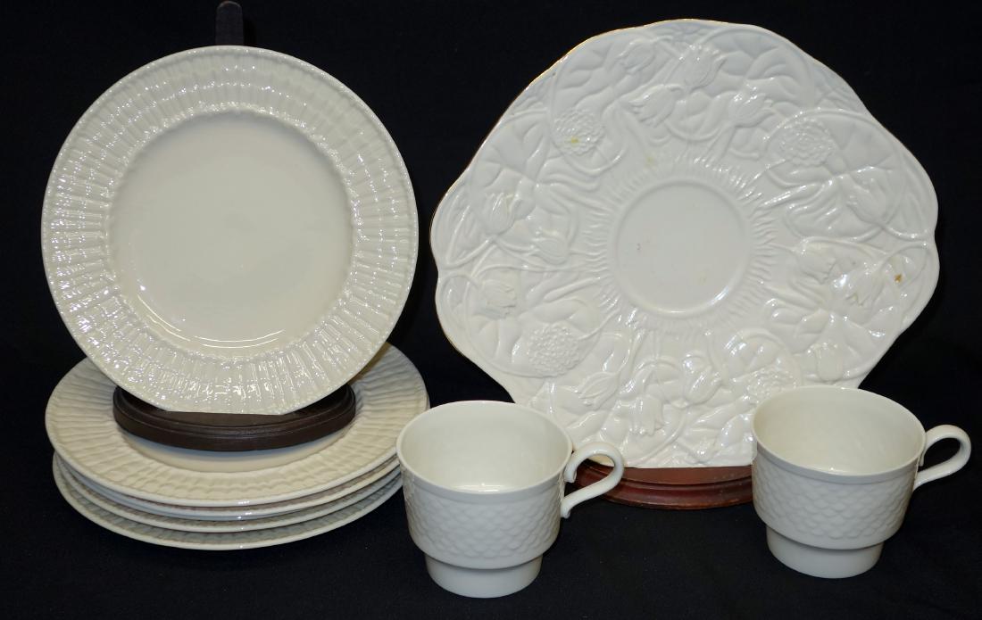 BELLEEK TABLEWARE (9) PIECES: (6) plates, ivory, 3rd mark; (1) Serenity bread plate, ivory, 8th mark; (2) cups, ivory, 8th mark; bread plate Dia.-10 1/2", G-VG