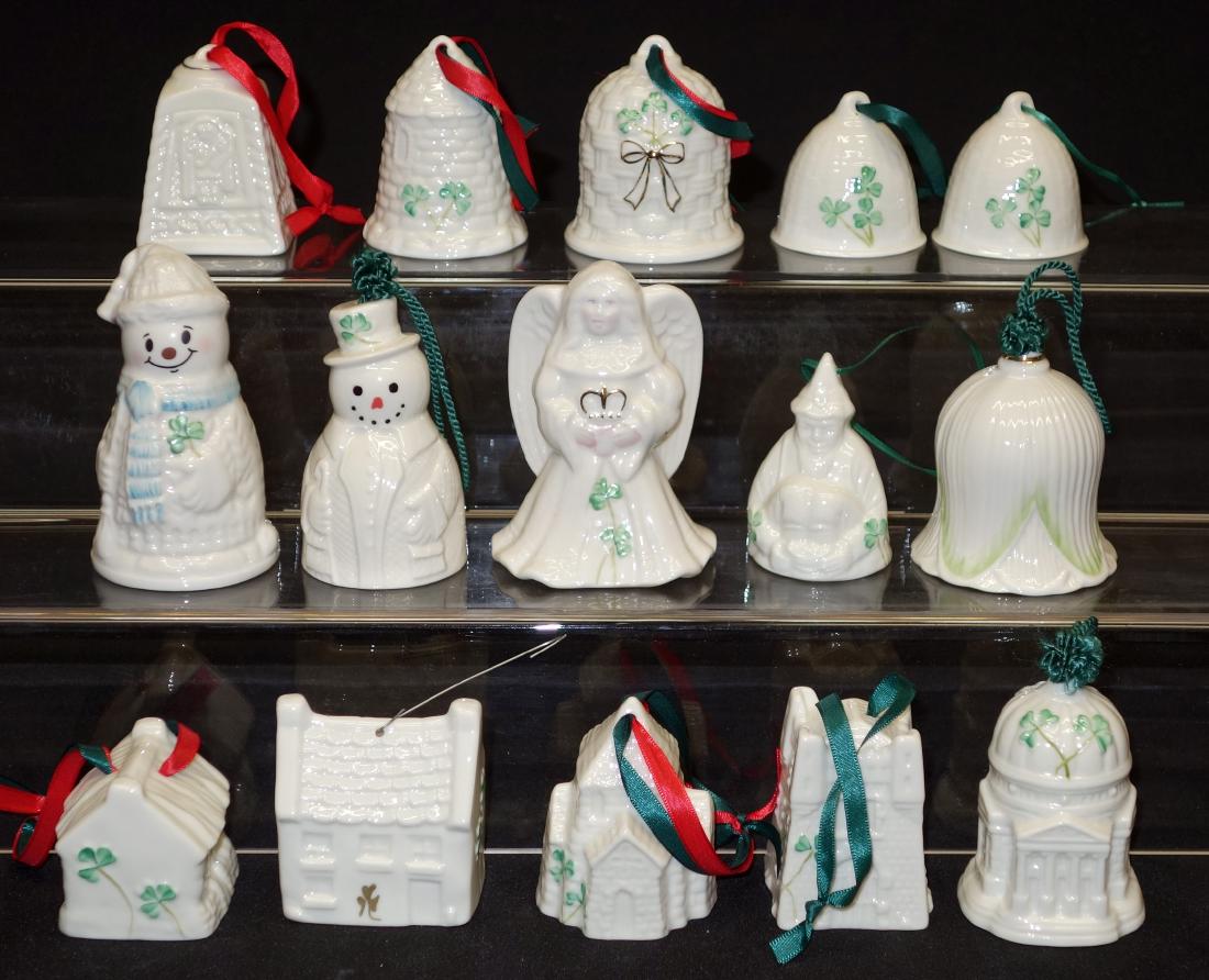 BELLEEK CHRISTMAS ORNAMENTS (15) PIECES: (13) tree ornaments / bells; (2) night lights; H-2"-4", G-VG