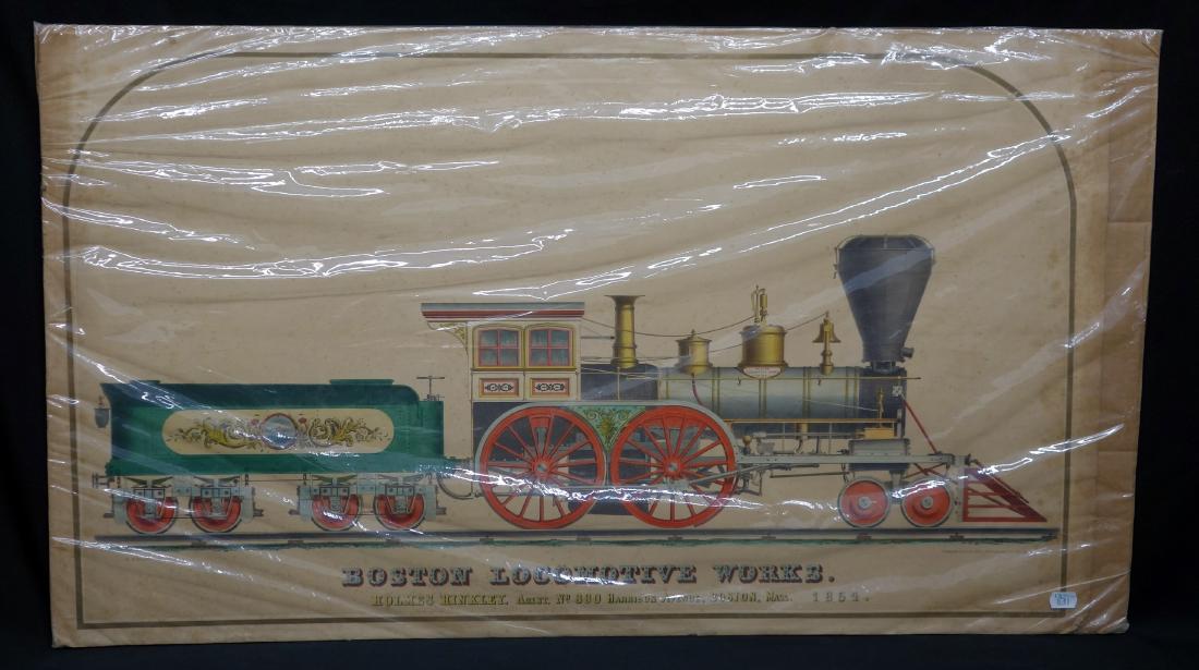 TRAIN LITHO - ENGINE & TENDER: "Boston Locomotive Works" #554, "Holmes Hinkley Agt"; printed by Bufford - Boston; not laid down; foxing; some waterstains and edge tears; 22" x 38", F-G