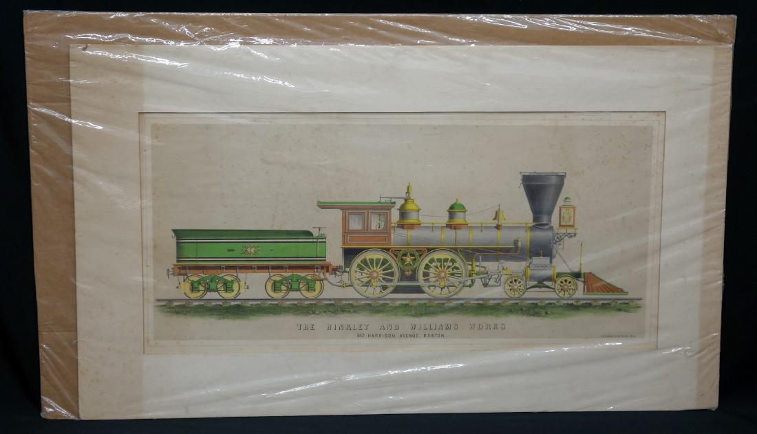TRAIN LITHOGRAPH: Engine and tender; "Hinkley & Williams Works" #780; printed by Bufford-Boston; not laid down; matted; foxing; 14" x 28", G