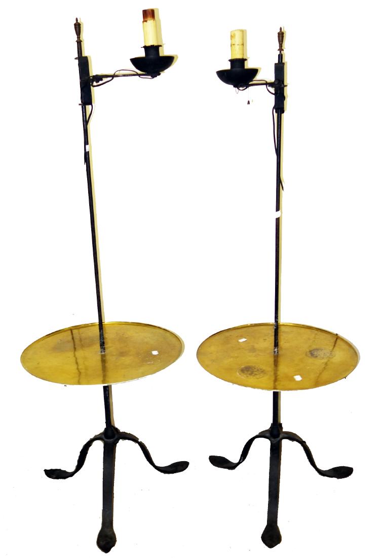 WROUGHT IRON & BRASS FLOOR LAMPS: Elevating; brass tray table tops; normal wear; H-58"; G