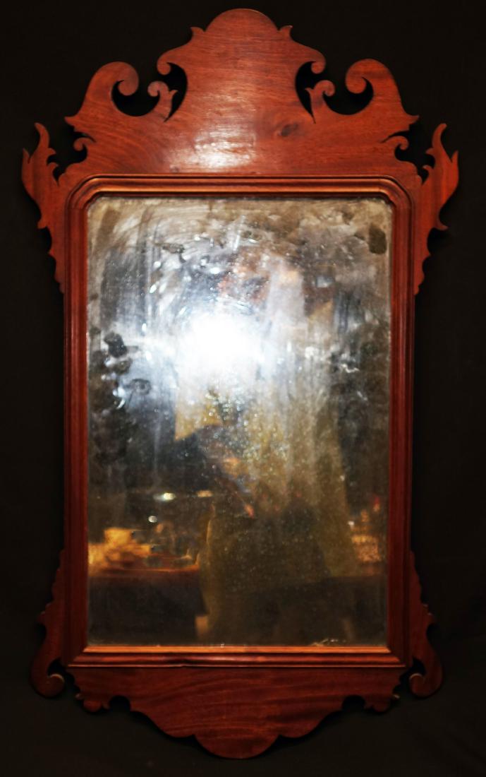 ANTIQUE CHIPPENDALE MIRROR: Mahogany; glass fatigue, missing some glue blocks, H-32", G