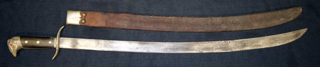 COLLINS & CO. SWORD: Hartford; Chicken handle with glass eyes; "Calidad" etc.; leather scabbard has loss at top; wear and old pitting on blade; L-33", F
