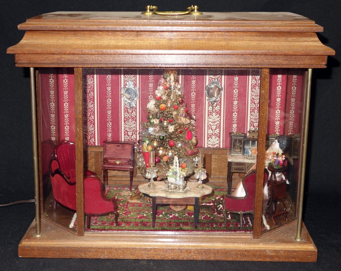 LIVING ROOM CHRISTMAS DIORAMA: Modern; wood and glass; miniature tree and furniture (some old); lights up; H-15", W-18", G-VG