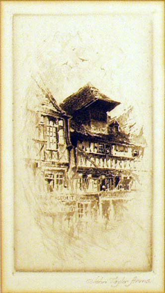 JOHN TAYLOR ARMS Etching of Grande Rue Lisieux NR: JOHN TAYLOR ARMS ETCHING OF GRANDE RUSE, LISIEUX ARTIST: John Taylor Arms; DESCRIPTION: Gable in the Grande Rue, Lisieux; MEDIUM: Etching; SIZE: 5 1/4" X 2 7/8" (plate size) )+ margins; SIGNED: Pencil