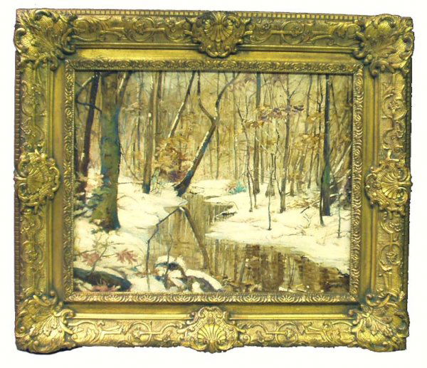 GILBERT GAUL Winter Stream in Snow Painting NR: GILBERT GAUL WINTER STREAM IN THE SNOW PAINTING - ARTIST: Gilbert Gaul; DESCRIPTION: Winter snow scene with stream; MEDIUM: Oil on board; SIZE: 13 3/4" x 17 3/4"; SIGNED: Lower right; FRAME: Period gi