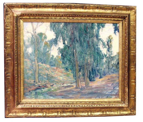WILLIAM POSEY SILVA Eucalyptus Oil Painting NR: WILLIAM POSEY SILVA EUCALYPTUS OIL PAINTING ARTIST: William Posey Silva; DESCRIPTION: California landscape with eucalyptus trees; MEDIUM: Oil on board; TITLE: "Eucalyptus by Stream" on gallery label o