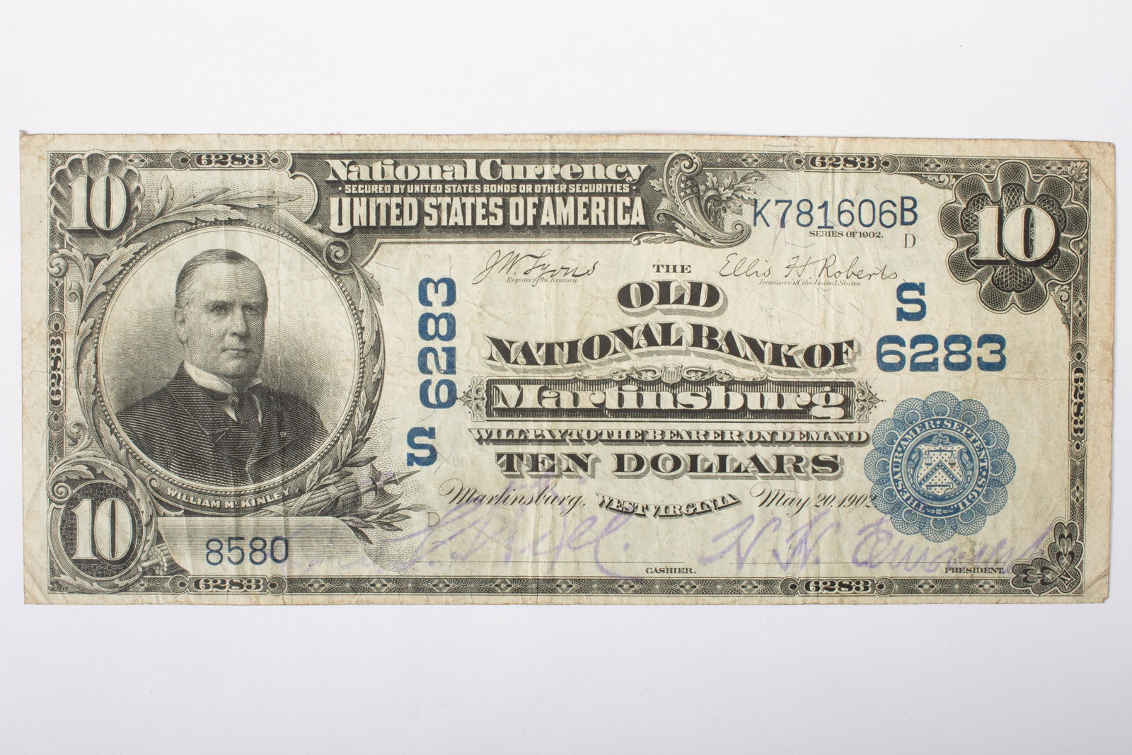 1902 $10 NATIONAL CURRENCY MARTINSBURG WVA: S6283, K781606B - 8580D; vertical and horizontal fold; corner folds and wear; VG-F