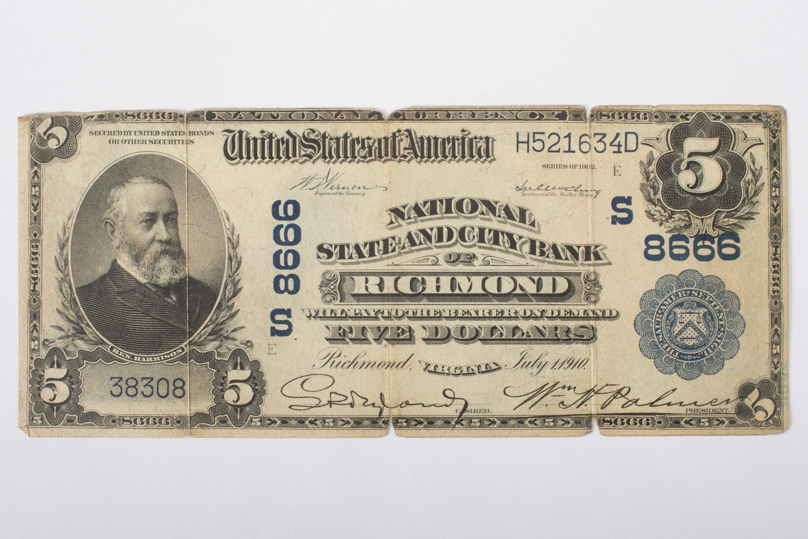 1902 $5 NATIONAL CURRENCY RICHMOND VA: Richmond, Virginia; S8666 - H521634D-38308-E; prominent vertical and horizontal folds with tears; top edge rough, with some loss; VG