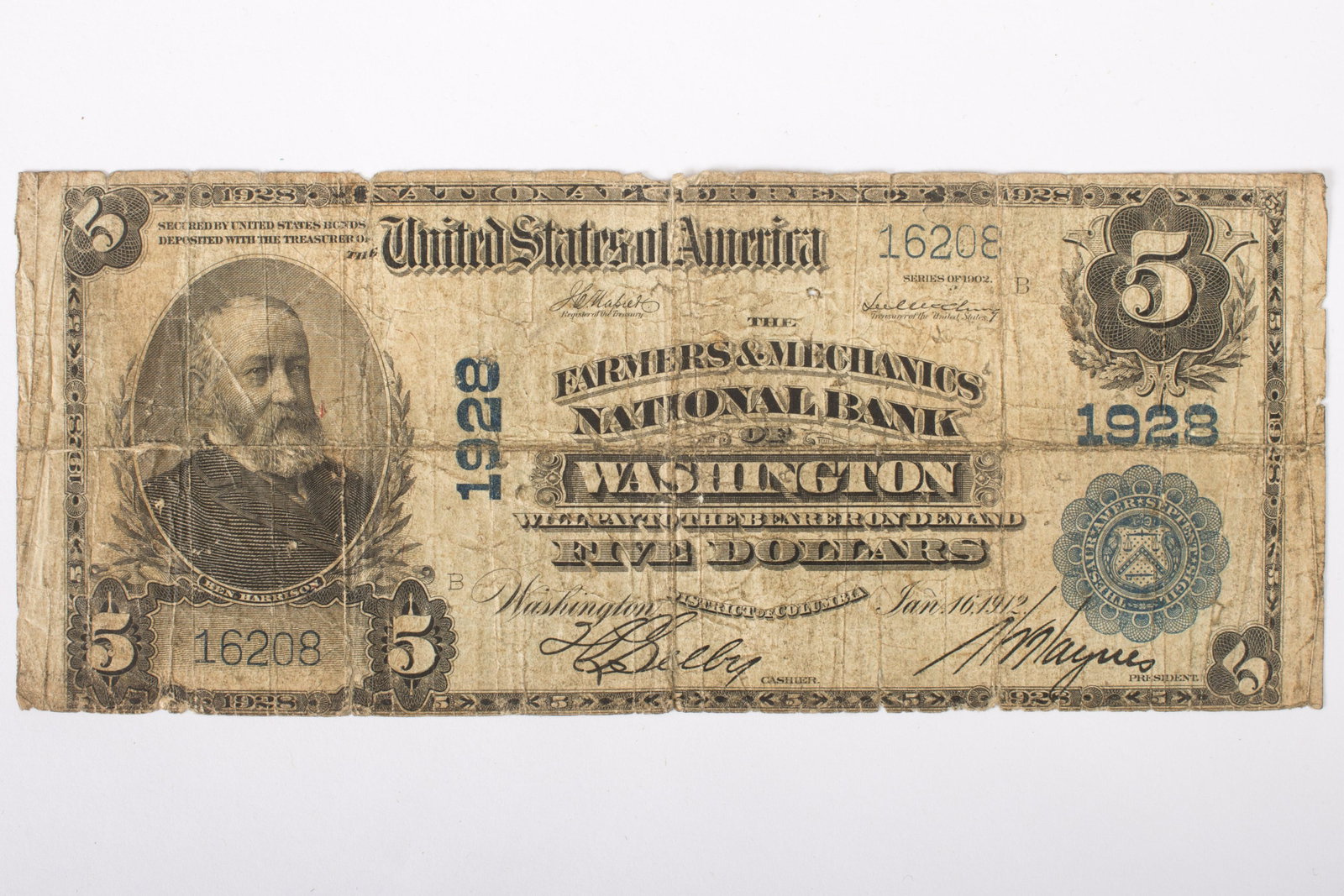 1902 $5 NATIONAL CURRENCY: Washington District of Columbia 1928 - 16208 B; prominent vertical and horizontal folds; substantial creasing and soiled; all edges rough and some loss; G-VG