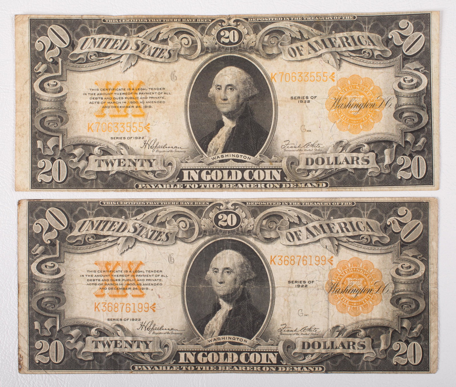 $20 GOLD COIN NOTES (2): Series 1922; folds, creasing and soiling; VG-F