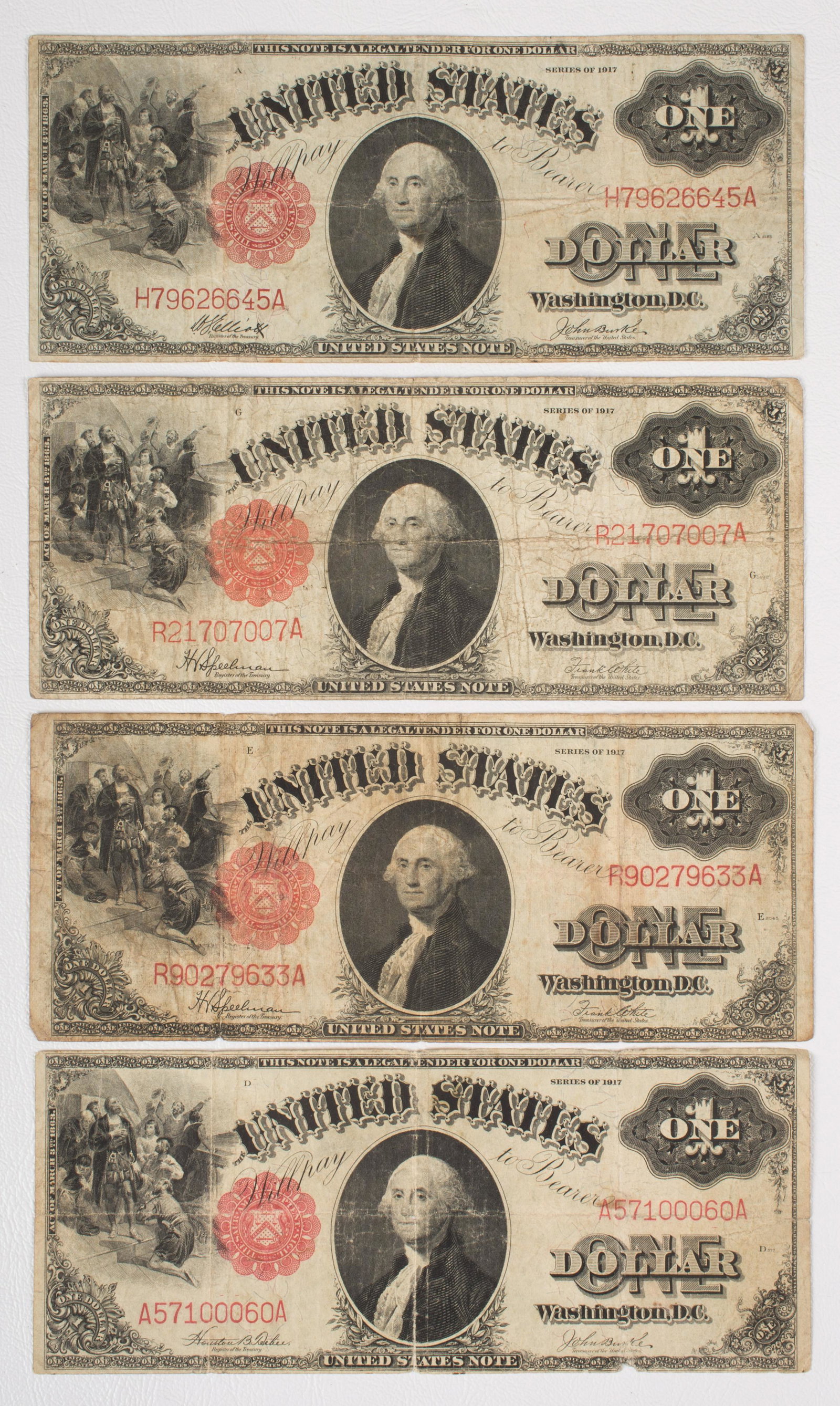 $1 UNITED STATES NOTES (4): Series 1917; soiling, folds and wear; VG