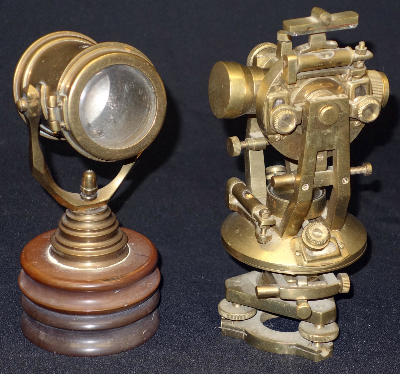 SCALE TELESCOPE AND LIGHT: Brass, (1) telescope/sextant form; with levels, compass, etc.; (1) spotlight; H-8"-8 1/2", VG-EX