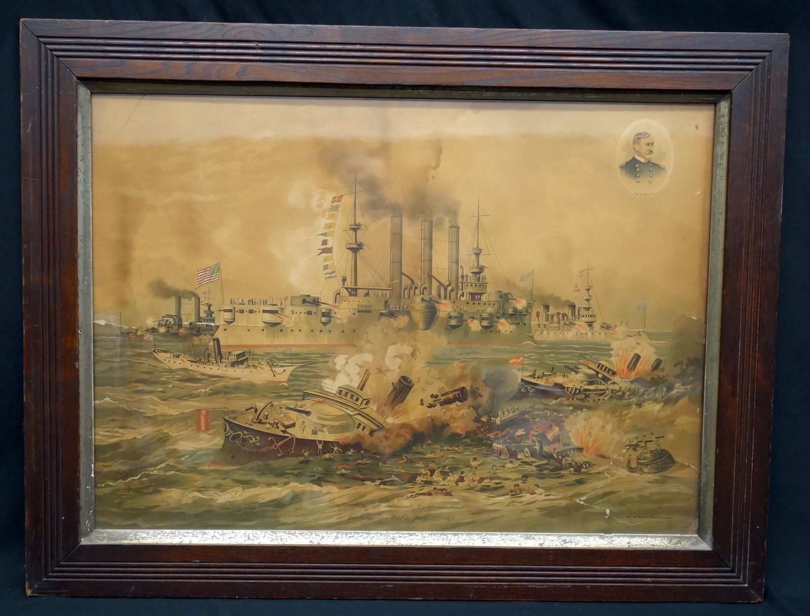 HISTORICAL BATTLE LITHOS (2): (1) Schley's Destruction of Admiral Cervera's Fleet: 1898, Cuba, central and lower tears; toning and spotting; framed 20" x 28", F; (1) battle of Gettysburg litho - Kurz & Allison, Gen. Meade Vs. Gen.
