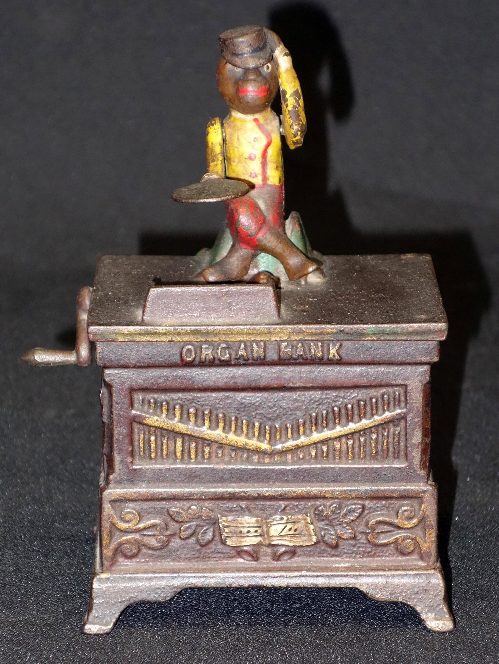ORGAN MECHANICAL BANK: Painted cast iron; needs cleaning; normal wear; H-6", G-VG