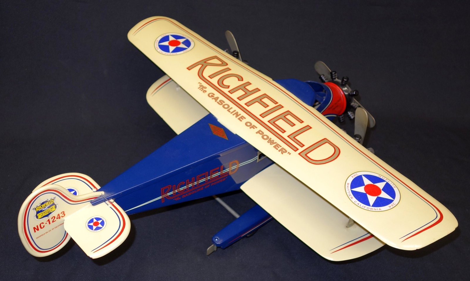 "RICHFIELD GAS" PROP PLANE: Tri-motor, "NuFlite", articulated; contemporary; painted metal with advertising; L-24", NM-M