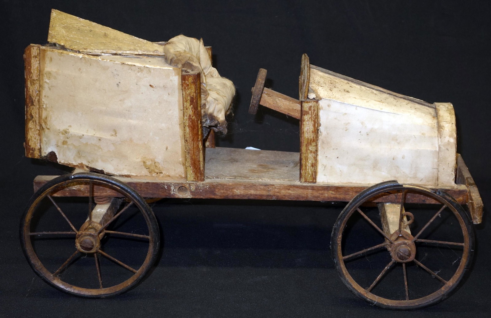 BOATAIL RACE CAR MODEL: Wood and wire with cardboard skin; wear; rust; L-21 1/2", P-F