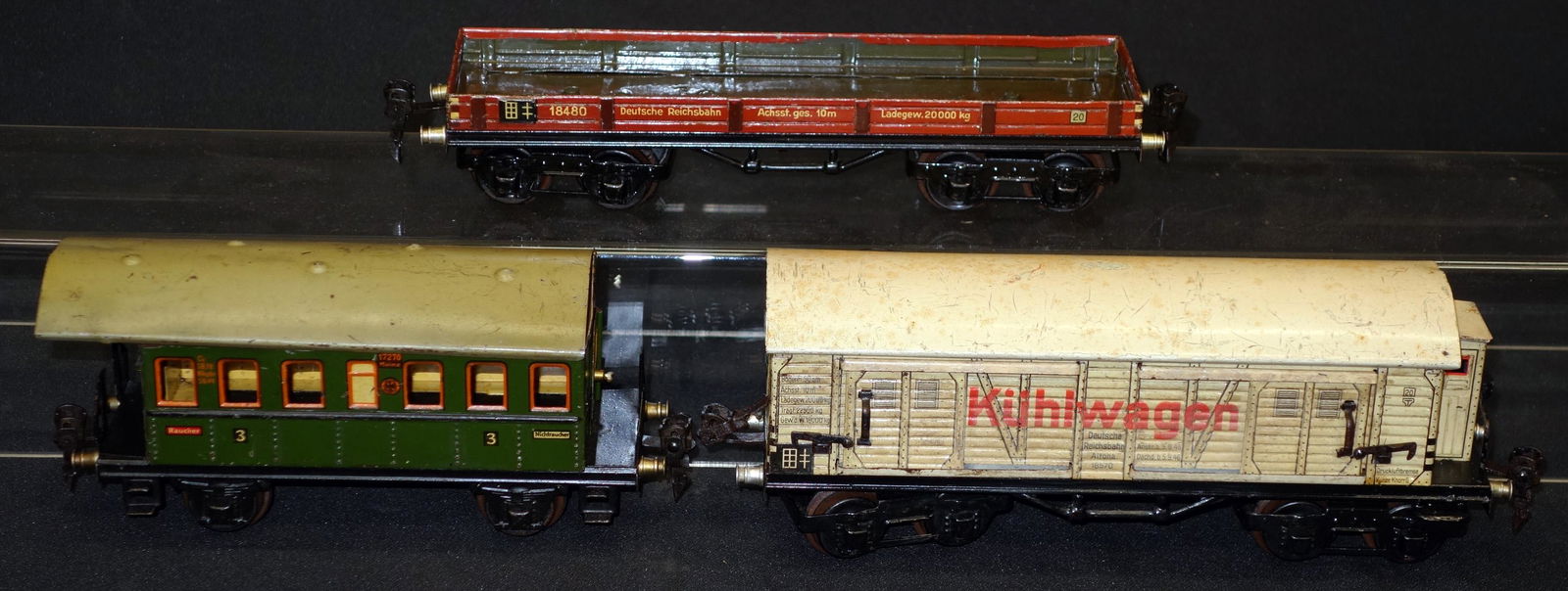 MARKLIN CARS (3): Litho tin; flat bead, passenger, box car; needs cleaning; some wear and scratches; L-7 1/2" - 9 1/2", G-VG