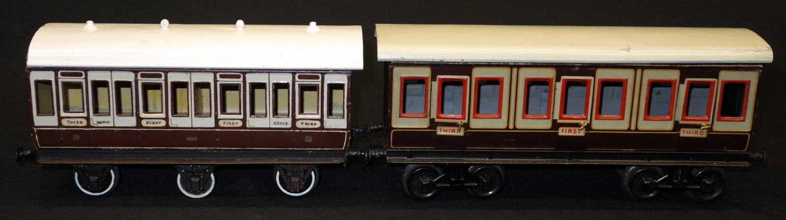 BING ETC PASSENGER CARS (2): One gauge, litho and painted tin; smaller car restored; L-10 1/2" - 12", F-VG