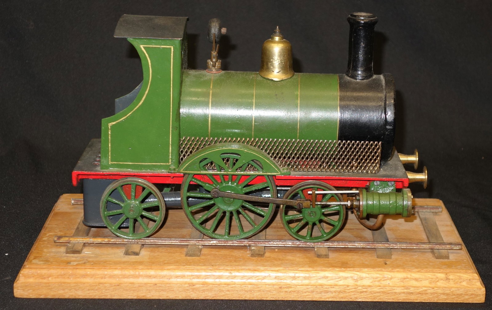 LIVE STEAM TRAIN ENGINE: French; scale model; painted metal, brass, cast iron; has burner; some repaint; L-11", G-VG