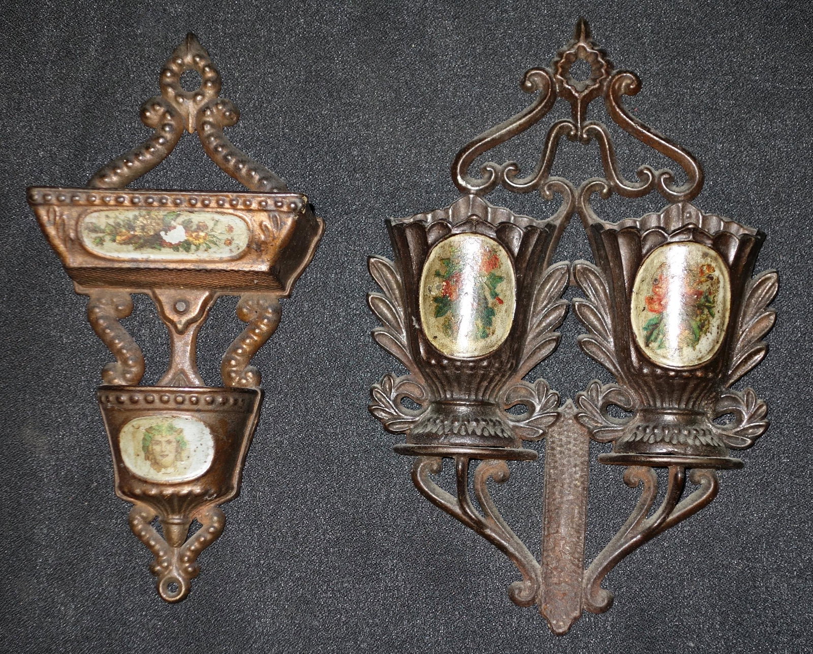 VICTORIAN FIGURAL MATCH WALL POCKETS (2): Painted cast iron with decals; wear; H-7", G-VG