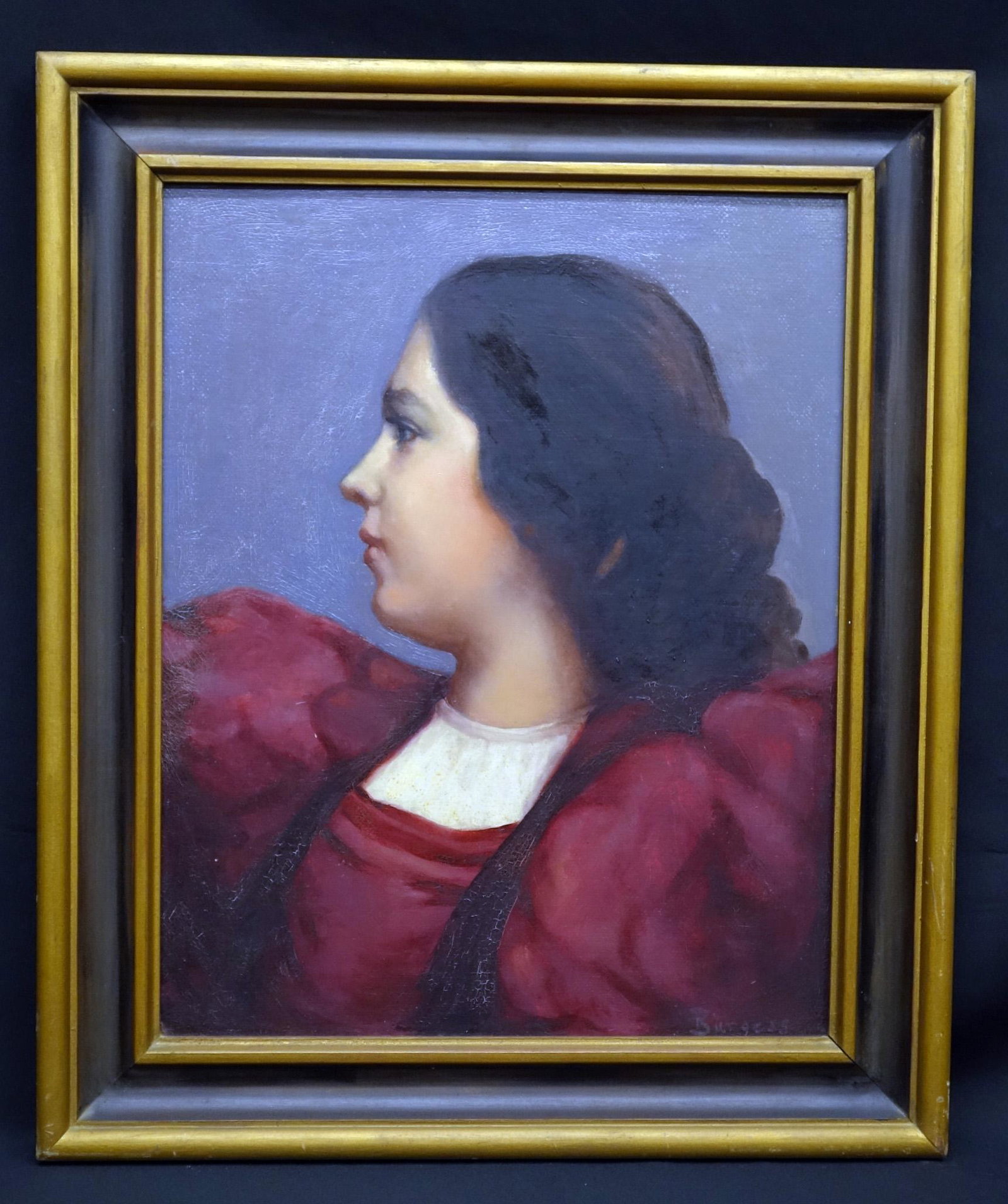 PORTRAIT PAINTING OF YOUNG WOMAN: Oil on masonite; signed Burgess lower right; framed; light overall crazing; 16" x 20", G-VG