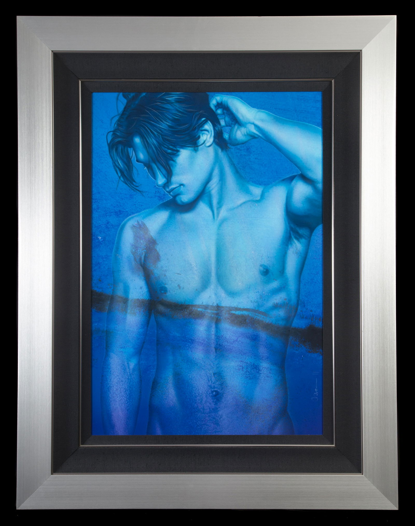 ADAM SCOTT ROTE "MALE PIN-UP" PAINTING "ICE": Blue ground; acrylic watercolor and pencil on canvas; 2011; framed; 30" x 20", EX-NM