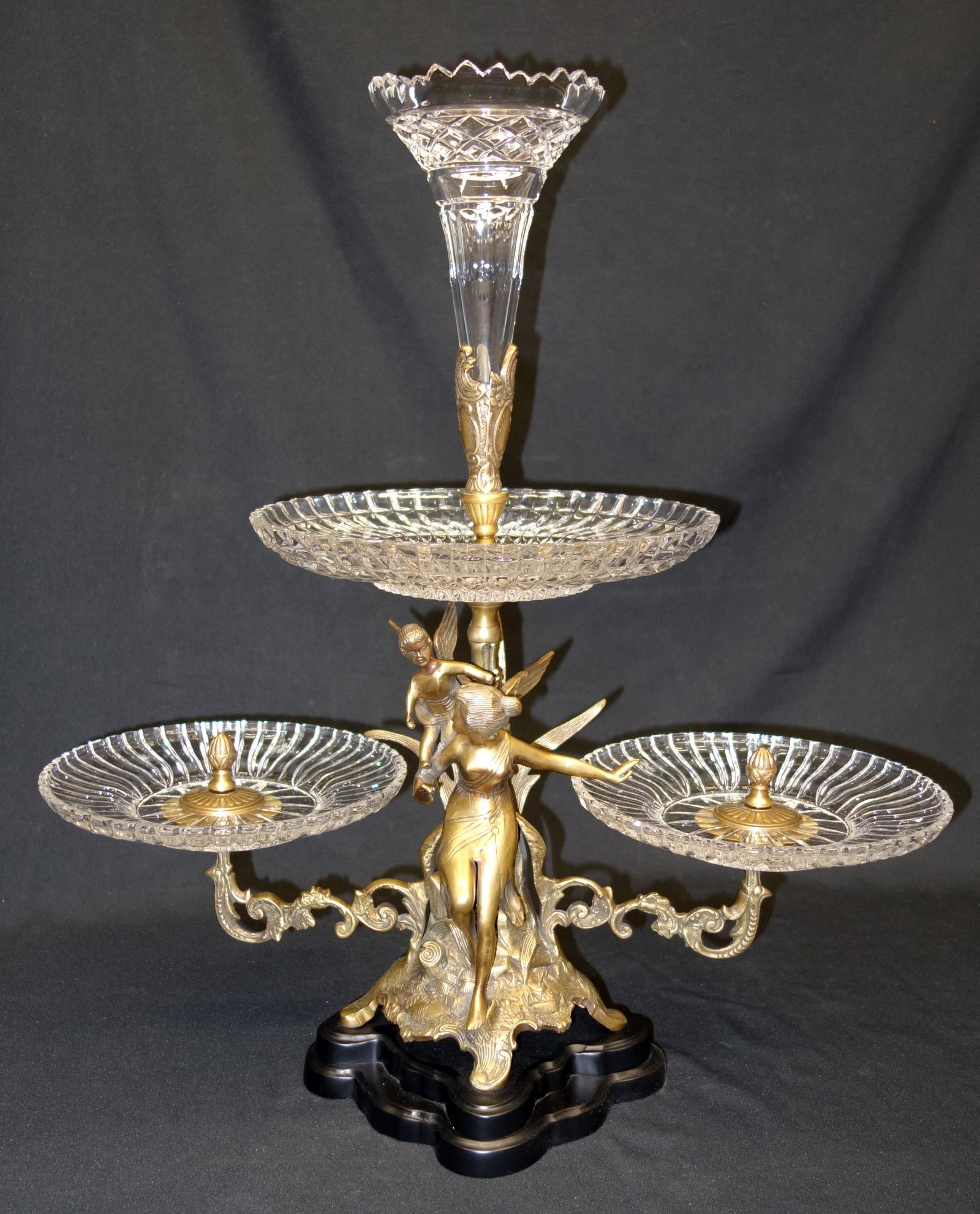 FIGURAL EPERGNE: Contemporary; cast bronze woman and cherub with crystal inserts and painted metal base; H-25", VG-EX