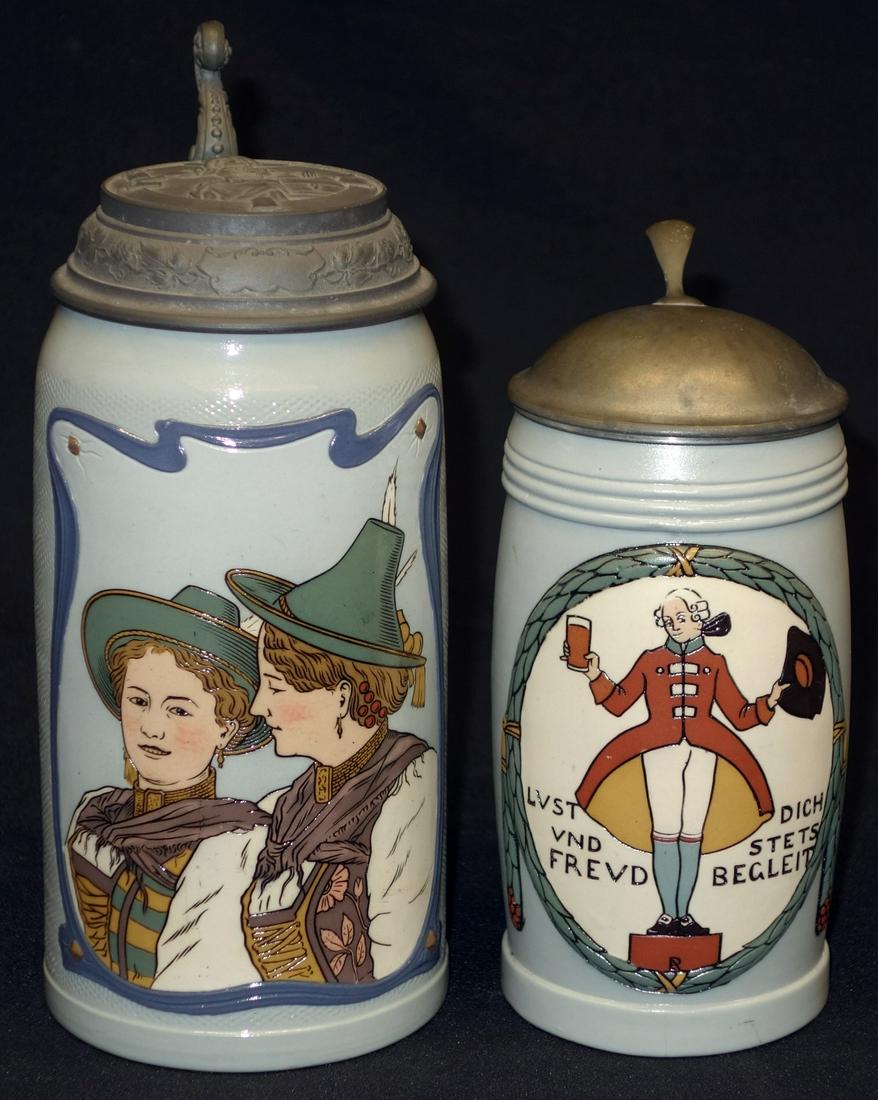 METTLACH STEINS (2): Incised ceramic; (1) two girls #2878, 1 L; (1) cameo style #3005 .5L; normal wear; H-7"-9", VG-EX