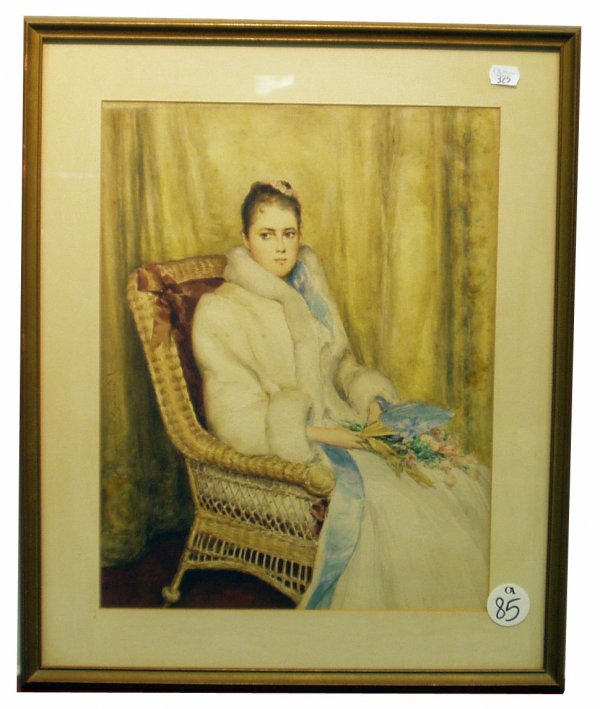 PORTRAIT WATERCOLOR OF YOUNG WOMAN: PORTRAIT WATERCOLOR OF YOUNG WOMAN - In wicker chair on paper; paper label on reverse reads "Caroline de Wolf Pennington Williams - Painted by Robert Goodloe Harper Pennington (husband)"; framed and m
